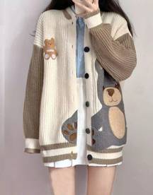 Bear sweater cardigan cartoon knit loose cute cream blue brown