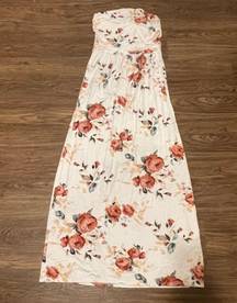 FLORAL STRAPLESS MAXI DRESS WITH POCKETS Ivory Rose Pink Green Large