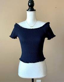 AQUA  | Navy Blue Smocked Off-Shoulder Crop Top Sz M