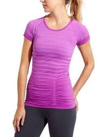 Athleta  Fastest Track Ruched Stripe Tshirt Short Sleeve Pinkish Purple M