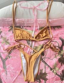 bralette tie bikini set tan color high rise cheeky