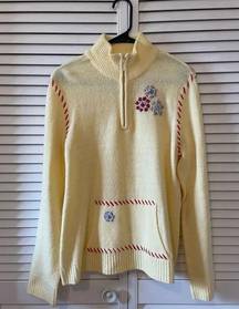 Embroidered Yellow Floral 1/4 Zip Sweater Front Pocket Size L (12/14)