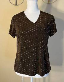 Laura Ashley Petite Brown Polka Dot Faux Wrap Short Sleeve Blouse Petite Small