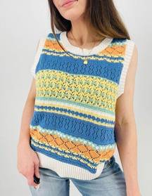 boho crocheted oversized sweater vest in blue and yellow size m/l?