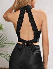 SheIn Tie Back Lace Satin Halter Top