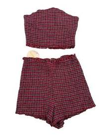 Wild Honey - High Waist Shirred Check Shorts and Strapless Check Crop Top in Red