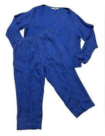 FLAX 100% LINEN TRAVEL PANT SET XXL TOP AND M STRECH BOTTOM ROYAL BLUE AND GRAY