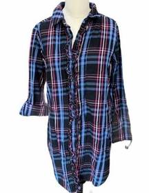 Betsey Johnson Blue pink & black plaid Flannel Pajama Nightshirt i