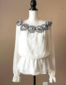 SIMPLY LILIANA | White Rosette Off-Shoulder Pepulum Blouse Sz M