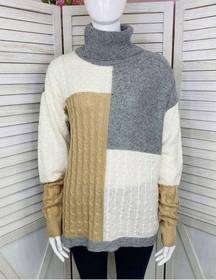 Versona Multi Pattern Color Block Turtleneck Sweater Gray Tan Large