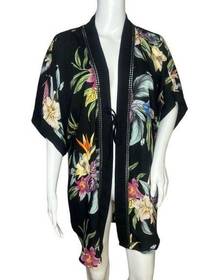 Kona Sol Kimono Womens Size S/M Black Multi Tropical Floral Palm Leaf Cover Up