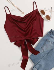 SheIn Red Satin Cowl Neck Crop Top