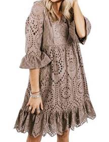 Hidden Alley Dress Midi Eyelet Lace Babydoll Dress Cocoa Brown Womens Size Small