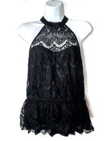 Forever 21  Vintage Black Lace Sheer Peplum Halter Top Large Y2K