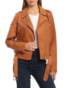 NWT Faux Leather Belted Moto Biker Jacket in Camel