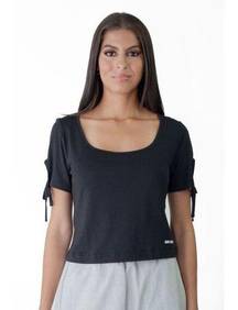 NWT! DKNY Jeans Black Cropped Tie Sleeves Deep Scoop Neck Short Sleeve Tee Small