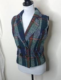 women’s blue plaid multi colored button vest size XS