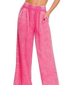 NEW Zenana The Marilee Fuchsia Frayed Hem Linen-Blend Pants SIZE Large Boutique