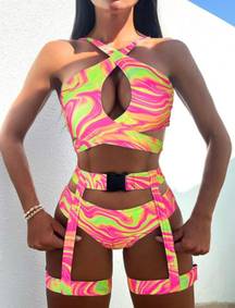 SHEIN Rave Festival Swim Suit Set With Garter Belt