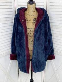 Workshop Republic Faux Fur Teddy Coat Blue Maroon Medium Hood Snap Front