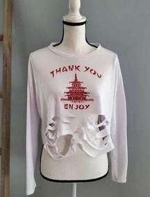 Love J Thank You White Red Enjoy Slit Cuts Crop Pullover Sweatshirt Size L