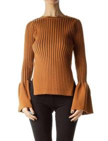 Few Moda Brown Ribbed Bell Sleeve Sweater Blouse Size Small