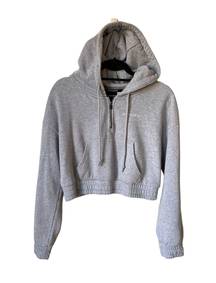 CLASSIC CROP HOODIE Pockets Brushed Fleece Half-Zip Heather Grey M