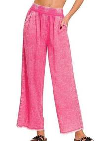 NEW Zenana The Marilee Fuchsia Frayed Hem Linen-Blend Pants SIZE Large Boutique