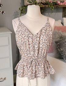 Sienna Sky Floral Fit and Flare Tank Top Cinched Waist Tan  Womens Medium Silky