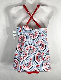 Crown & Ivy  Small Swimsuit One Piece Blue Red Crossback Swimwear NWT 647