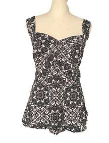 Black & White Lace Print Sateen Peplum Sleeveless Tank Top Blouse