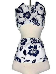 Blue Life Aloha Tropical Floral Print White Blue Two Piece Shorts Set Size XS