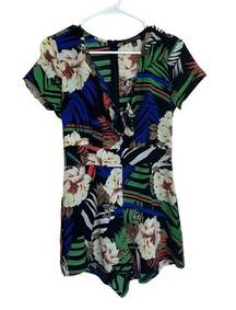 Haute Monde Tropical Floral Palm Leaf Romper Key Hole In Front Small