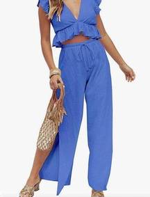 Women’s matching set Blue crop top blouse with side slit pants XS NWT #84