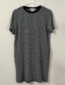 Cotton Emporium Black White Striped Tee Shirt Dress With Pockets S