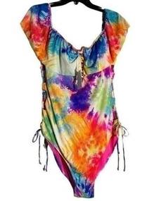 New Coastal Waves Plus Tie Dye Ruffle Off-the-Shoulder Swimsuit‌‌‌