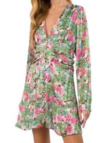 Fanco Floral Ruched Button Down Long Sleeve Mini Dress Green Size Small NWT