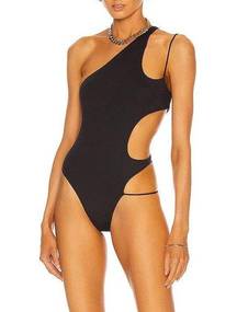 LaQuan Smith One Shoulder Cutout One Piece Swimsuit in Black