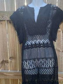 BCBG Maxazria black lace deep v neck sheer beach coverup