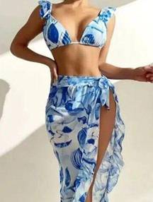 3-piece Blue Plants Print Ruffled Shoulder Straps Two Piece Bikini Sets Swimsuit