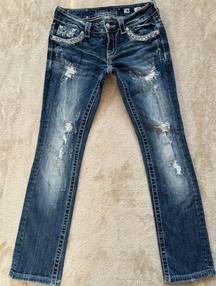 Miss Me Women's Low Rise Easy Cuffed Straight Dark Wash Distressed Jeans Size 25