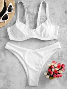 Zaful Underwire High Leg Ribbed Bikini Swimsuit Two Pieces Set White