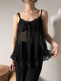 Victoria's Secret y2k black sheer mesh frilly lace trim dainty delicate ribbon bow tie cami top