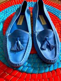 Blue leather tassels loafers euc size 8