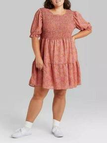 Wild Fable  Pink Floral Smocked Dress Plus Size 1X Short Sleeve NWT