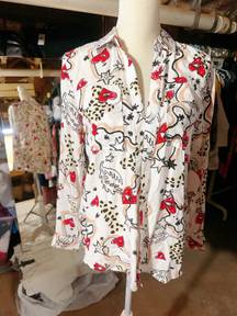 off white shirt long sleeve pockets red hearts evil eyes stars NWT Button up  Available size: S ;; L New with tag  Same day shipping  Smoke and pets free  This Milk & Honey shirt is a must-have for any fashion-forward woman. Featuring a unique desig