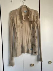 Blue Heart Button Up Tan Beige Knit Sweater Cardigan