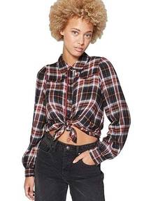 Wild Fable  Red Plaid Cropped Long Sleeve Button Up Crop Top Size XXL