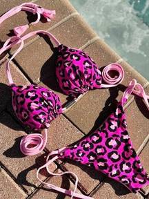 NWT Luby Swim Ava Pink Leopard Handmade Brazilian Triangle Bikini Set Size Med