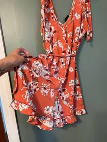 NWT Coral Pink Floral One Piece Romper Belt Ruffled Leg